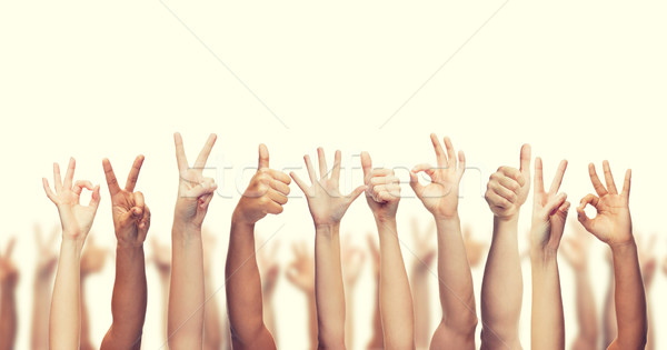 Emberi kezek mutat remek ok béke Stock fotó © dolgachov