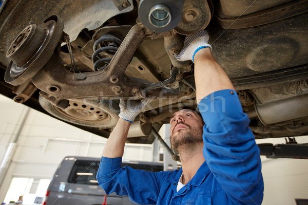 mechanic man or smith repairing car at workshop Stock photo © dolgachov