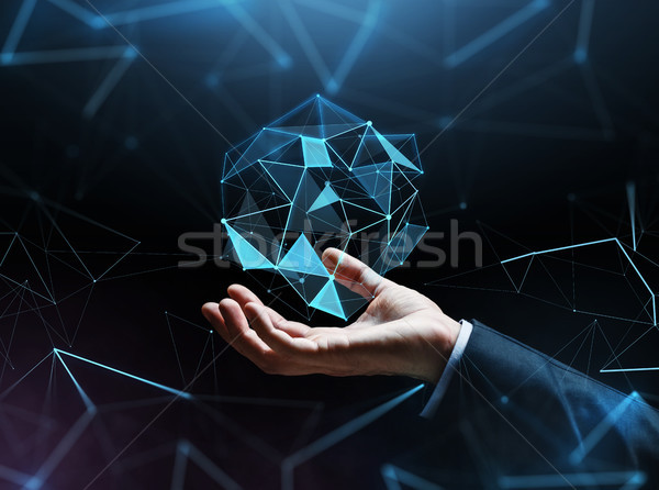 Közelkép üzletember kéz hologram üzletemberek kibertér Stock fotó © dolgachov
