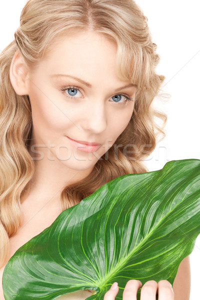 Foto stock: Mujer · hoja · verde · Foto · blanco · feliz · salud