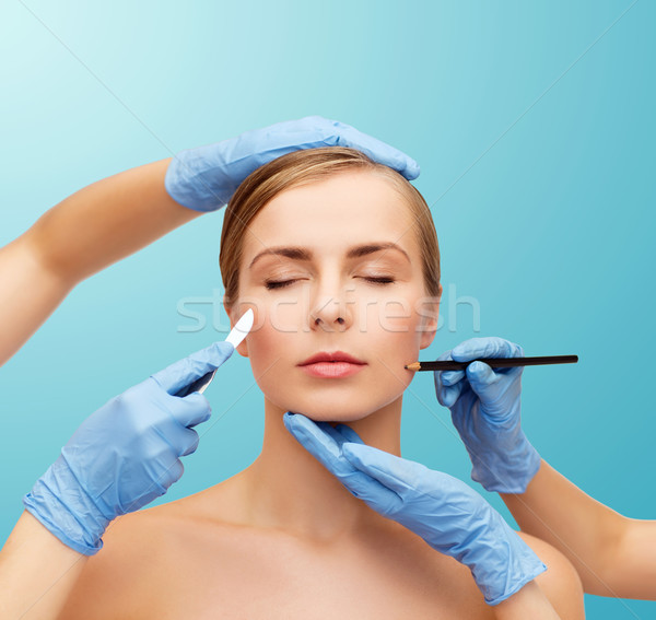 Stock foto: Frau · Gesicht · Hände · Bleistift · Gesundheitswesen · Schönheit · Medizin