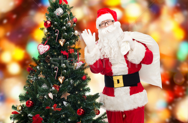 santa claus with bag and christmas tree Stock photo © dolgachov