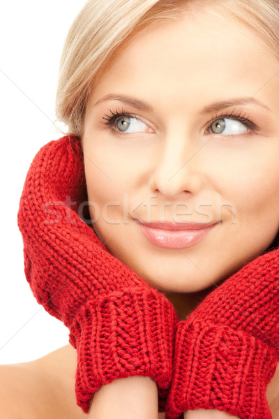 Foto stock: Bela · mulher · vermelho · luvas · quadro · mulher · inverno