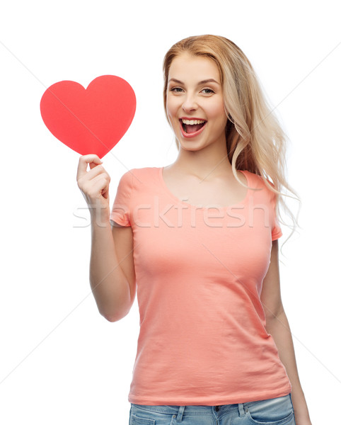 Foto stock: Feliz · mulher · menina · adolescente · vermelho · forma · de · coração · amor