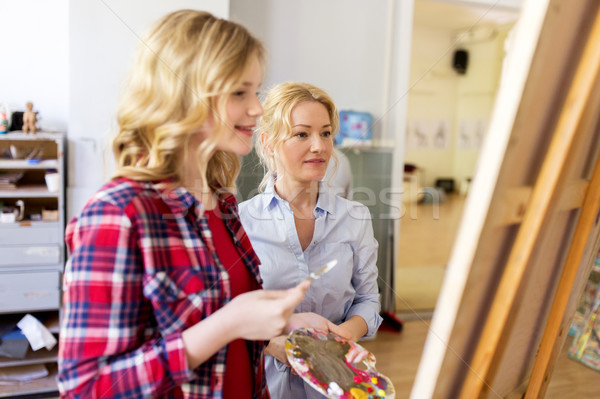 artists discussing painting on easel at art school Stock photo © dolgachov