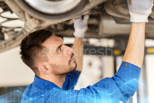 mechanic man or smith repairing car at workshop Stock photo © dolgachov
