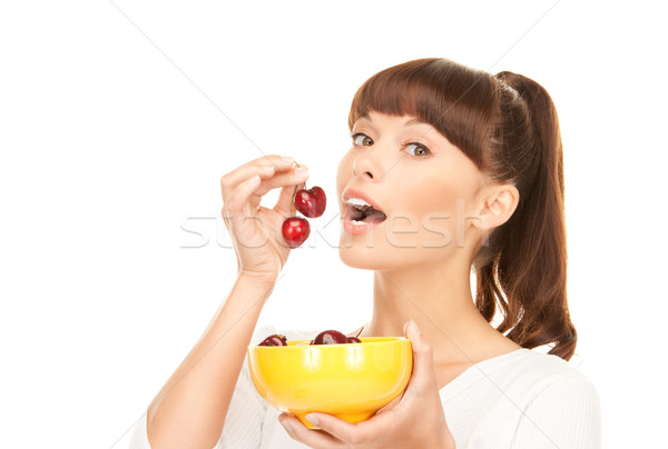 女子 櫻桃 圖片 白 食品 快樂 商業照片 © dolgachov