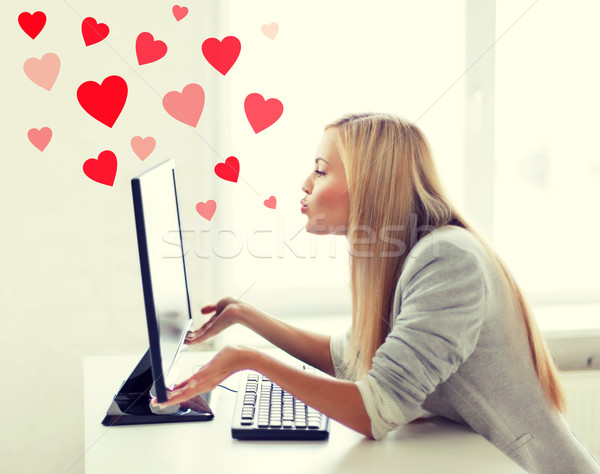 woman sending kisses with computer monitor Stock photo © dolgachov