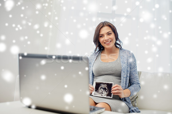 Zdjęcia stock: Szczęśliwy · kobieta · w · ciąży · ultradźwięk · obraz · domu · ciąży