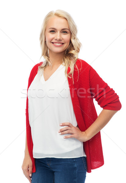 Mutlu gülen genç kadın kırmızı hırka moda Stok fotoğraf © dolgachov