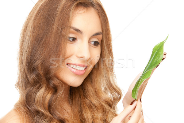 Femme feuille verte photos blanche heureux santé [[stock_photo]] © dolgachov