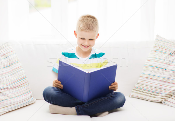 Stock fotó: Mosolyog · kicsi · fiú · olvas · könyv · kanapé