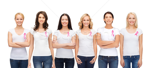 Mosolyog nők rózsaszín rák tudatosság szalagok Stock fotó © dolgachov