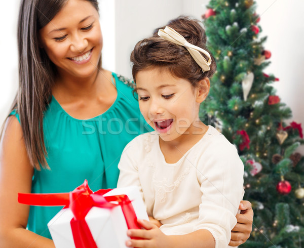 Mutlu anne küçük kız hediye kutusu tatil kutlama Stok fotoğraf © dolgachov