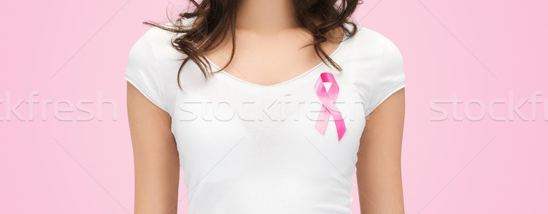 Vrouw roze kanker bewustzijn lint gezondheidszorg Stockfoto © dolgachov