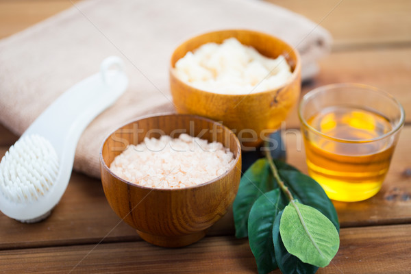 close up of himalayan pink salt and bath stuff Stock photo © dolgachov