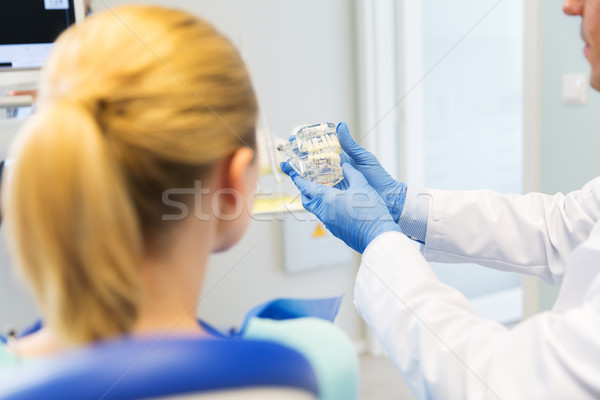 close up of dentist showing teeth model to patient Stock photo © dolgachov