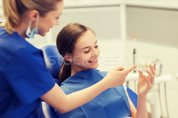 Dentista mandíbula disposición niña feliz paciente Foto stock © dolgachov