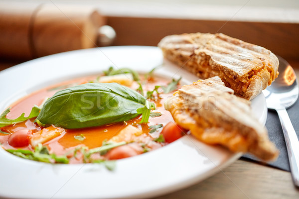 plate of delicious gazpacho soup at restaurant Stock photo © dolgachov