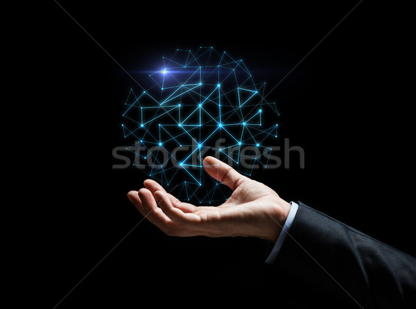 Közelkép üzletember kéz hologram üzletemberek kibertér Stock fotó © dolgachov