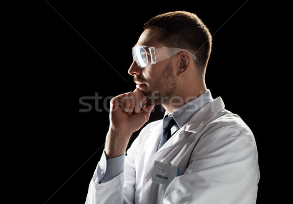 Stock fotó: Orvos · tudós · laborköpeny · biztonsági · szemüveg · gyógyszer · tudomány