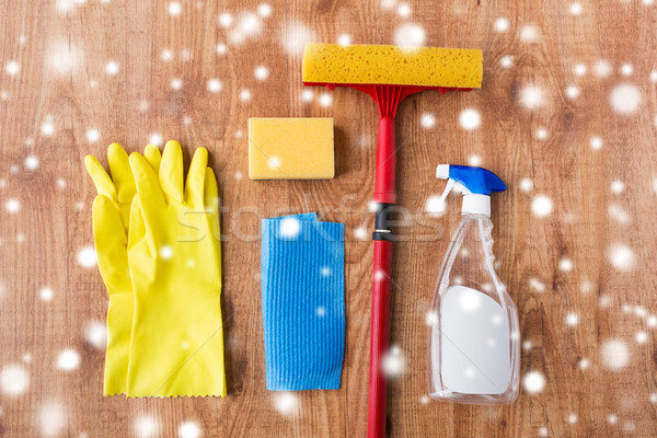 squeegee with window cleaning stuff on wood Stock photo © dolgachov
