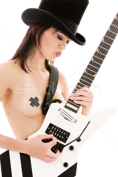Rock babe femme haut chapeau guitare électrique Photo stock © dolgachov