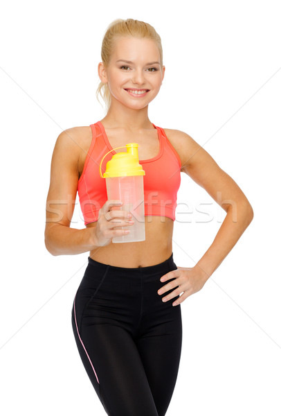 [[stock_photo]]: Souriant · femme · protéines · secouer · bouteille