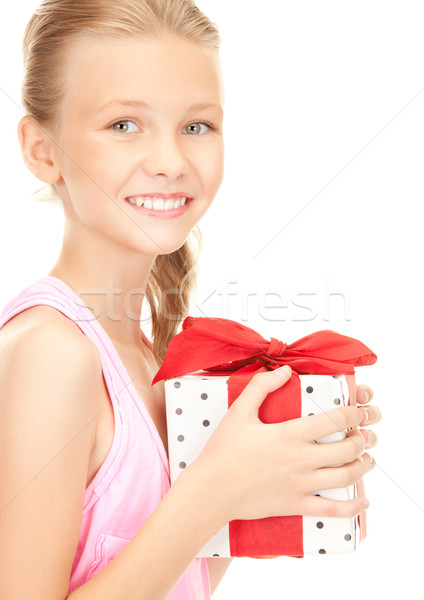 Stock foto: Mädchen · glücklich · Geschenkbox · weiß · Mädchen · Lächeln · glücklich