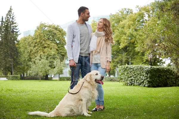 happy couple with labrador dog walking in city Stock photo © dolgachov