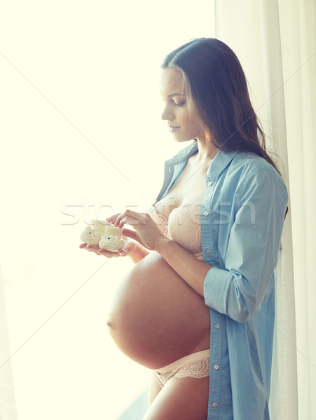 Foto stock: Feliz · mujer · embarazada · grande · desnudo · casa