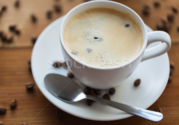 Foto stock: Xícara · de · café · mesa · de · madeira · cafeína · objetos