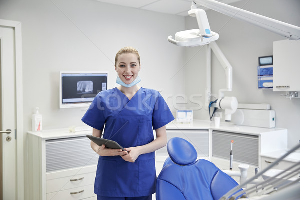 happy female dentist with tablet pc at clinic Stock photo © dolgachov
