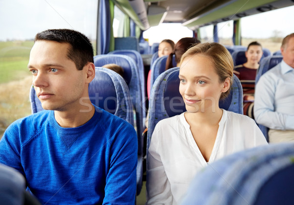 Stockfoto: Gelukkig · paar · passagiers · reizen · bus · vervoer