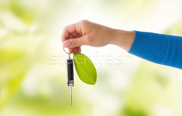 Hand halten Autoschlüssel green leaf Erhaltung Stock foto © dolgachov