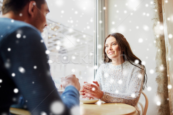 Stockfoto: Gelukkig · paar · drinken · thee · koffie · cafe