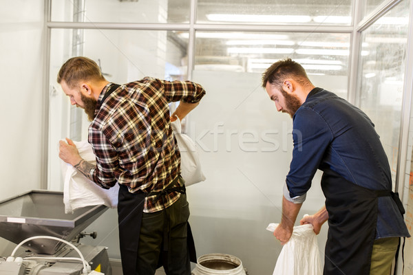 men with malt bags and mill at craft beer brewery Stock photo © dolgachov