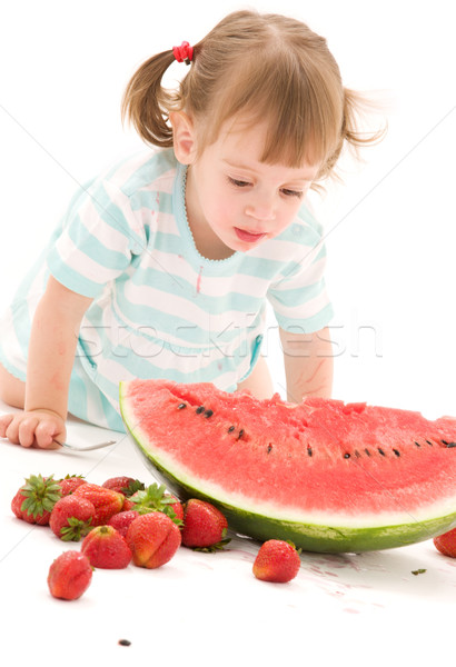 Foto d'archivio: Bambina · fragola · anguria · foto · ragazza · alimentare