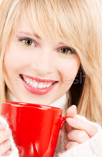 Foto stock: Feliz · rojo · taza · Foto · mujer