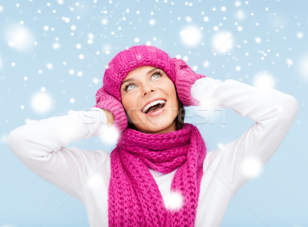 surprised woman in hat, muffler and mittens Stock photo © dolgachov