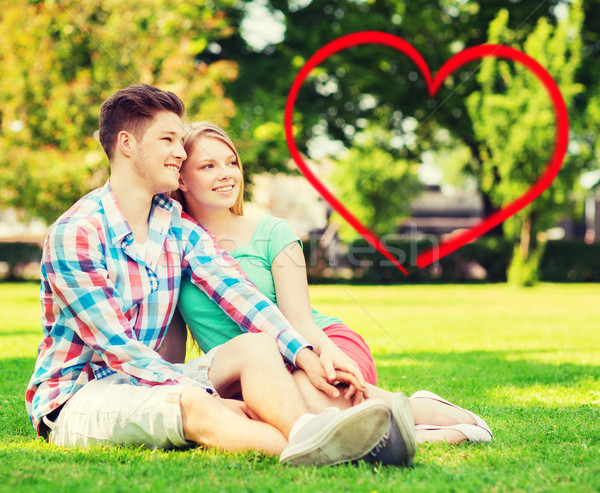 Foto stock: Sorridente · casal · sessão · grama · verão · parque