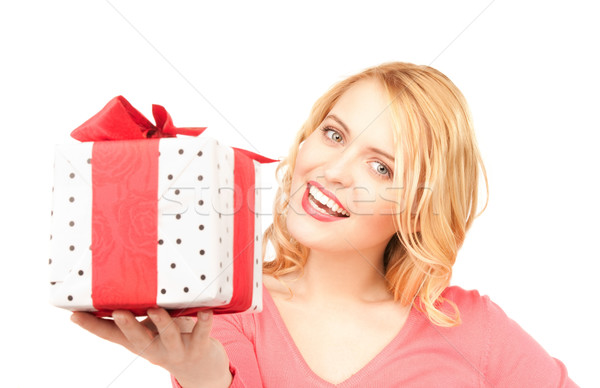 Stock fotó: Boldog · nő · ajándék · doboz · fehér · mosoly · születésnap