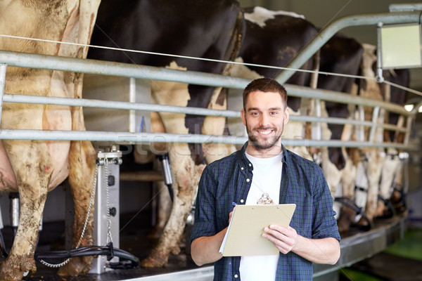 man with clipboard and milking cows on dairy farm Stock photo © dolgachov