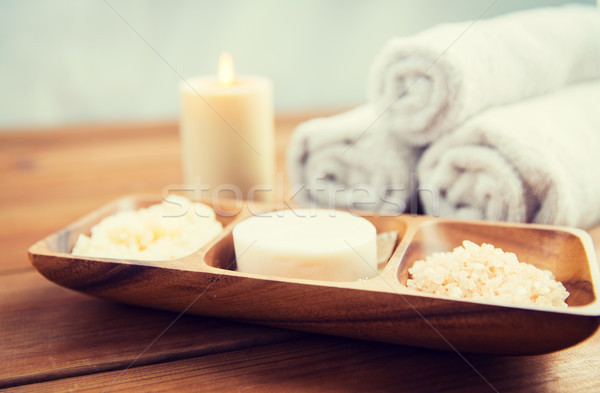 close up of soap, himalayan salt and scrub in bowl Stock photo © dolgachov