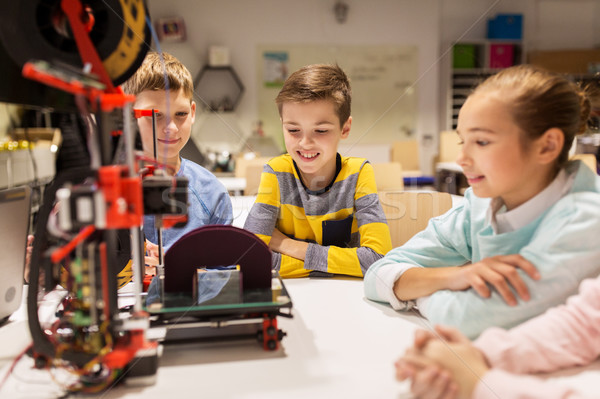 happy children with 3d printer at robotics school Stock photo © dolgachov
