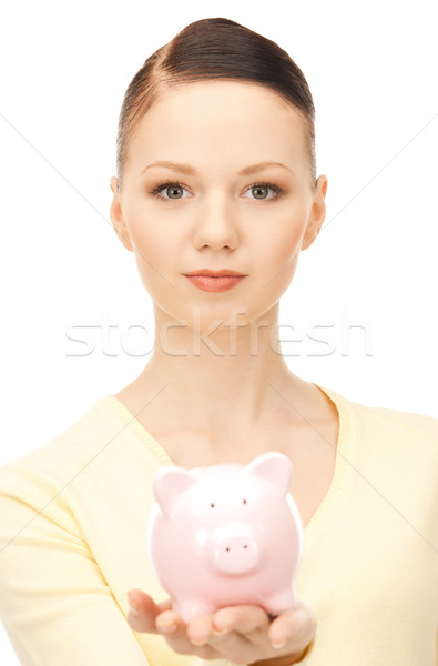 Zdjęcia stock: Kobieta · banku · piggy · zdjęcie · finansów · wieprzowych · młodych