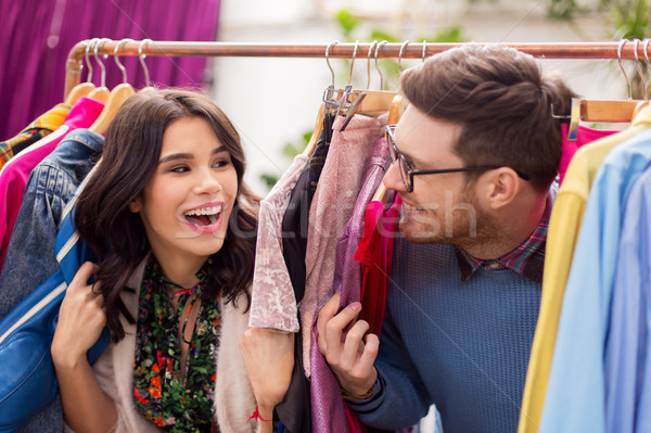 happy couple having fun at vintage clothing store Stock photo © dolgachov