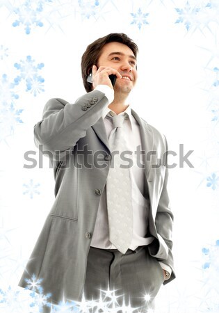 Foto stock: Amistoso · chat · empresario · teléfono · celular · gris · traje