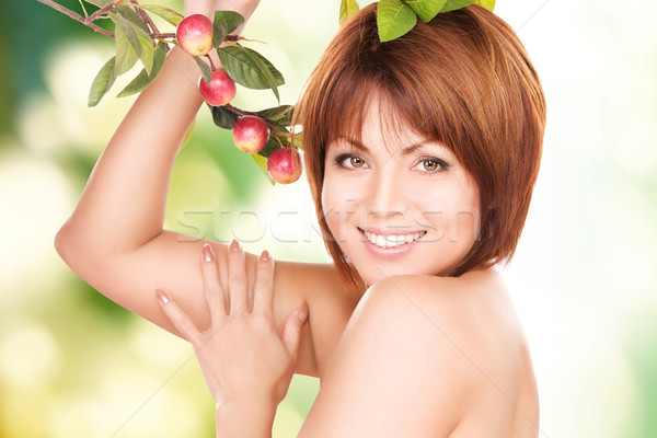 Stockfoto: Gelukkig · vrouw · appel · takje · foto · gezicht