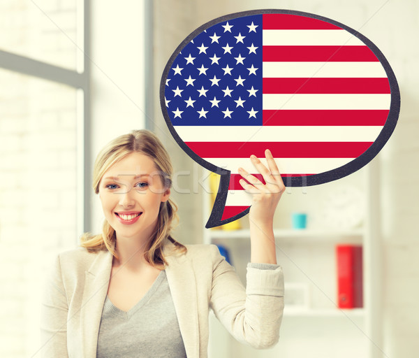 Foto stock: Sorrindo · texto · bolha · bandeira · americana · educação · estrangeiro
